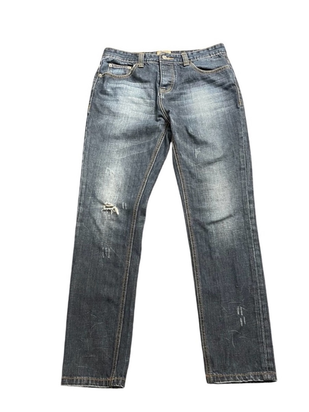 Chris Christy Faded Indigo Button Fly Distressed Slim Straight Jeans (32x30)